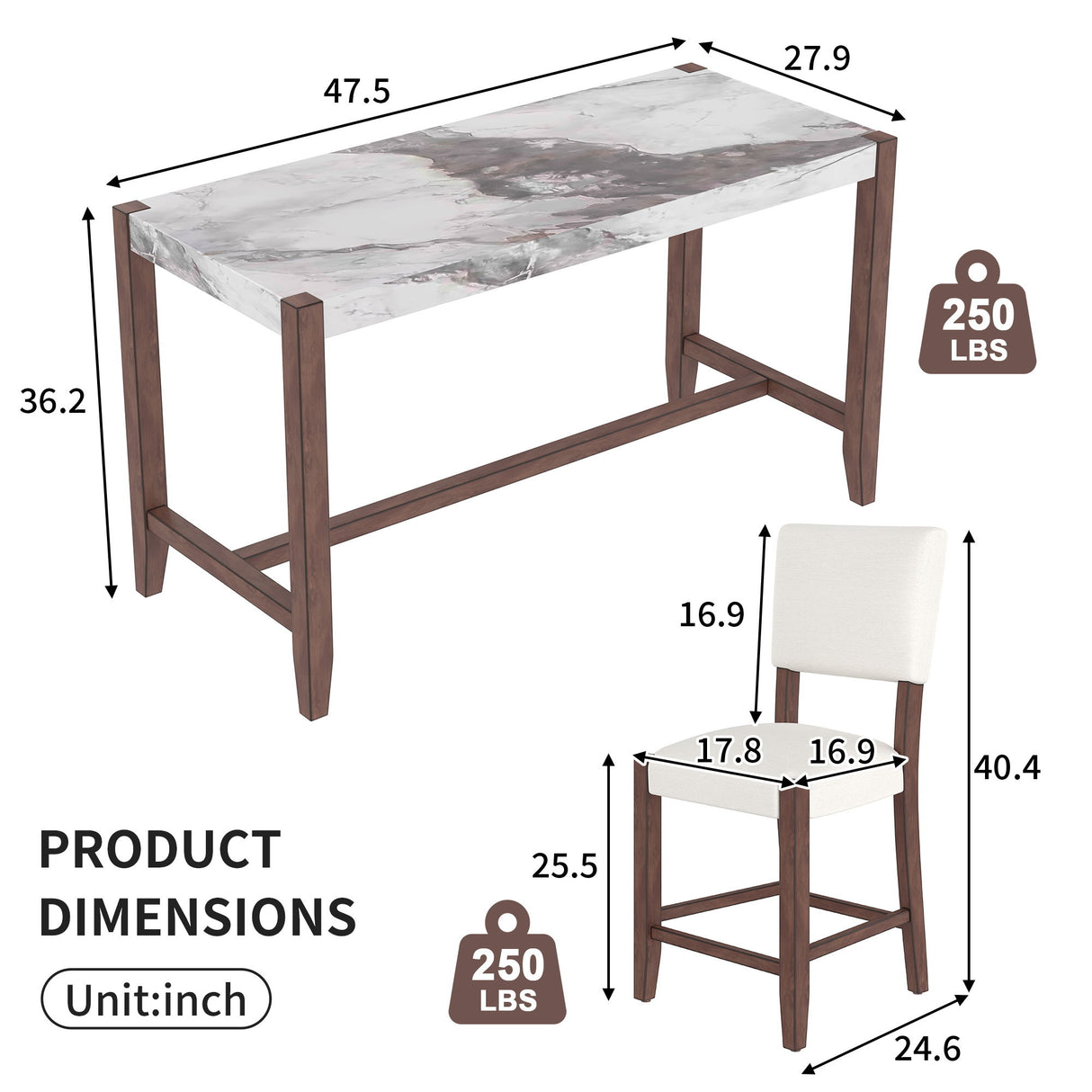 5 Piece Counter Height Dining Set With 4 Upholstered Chairs