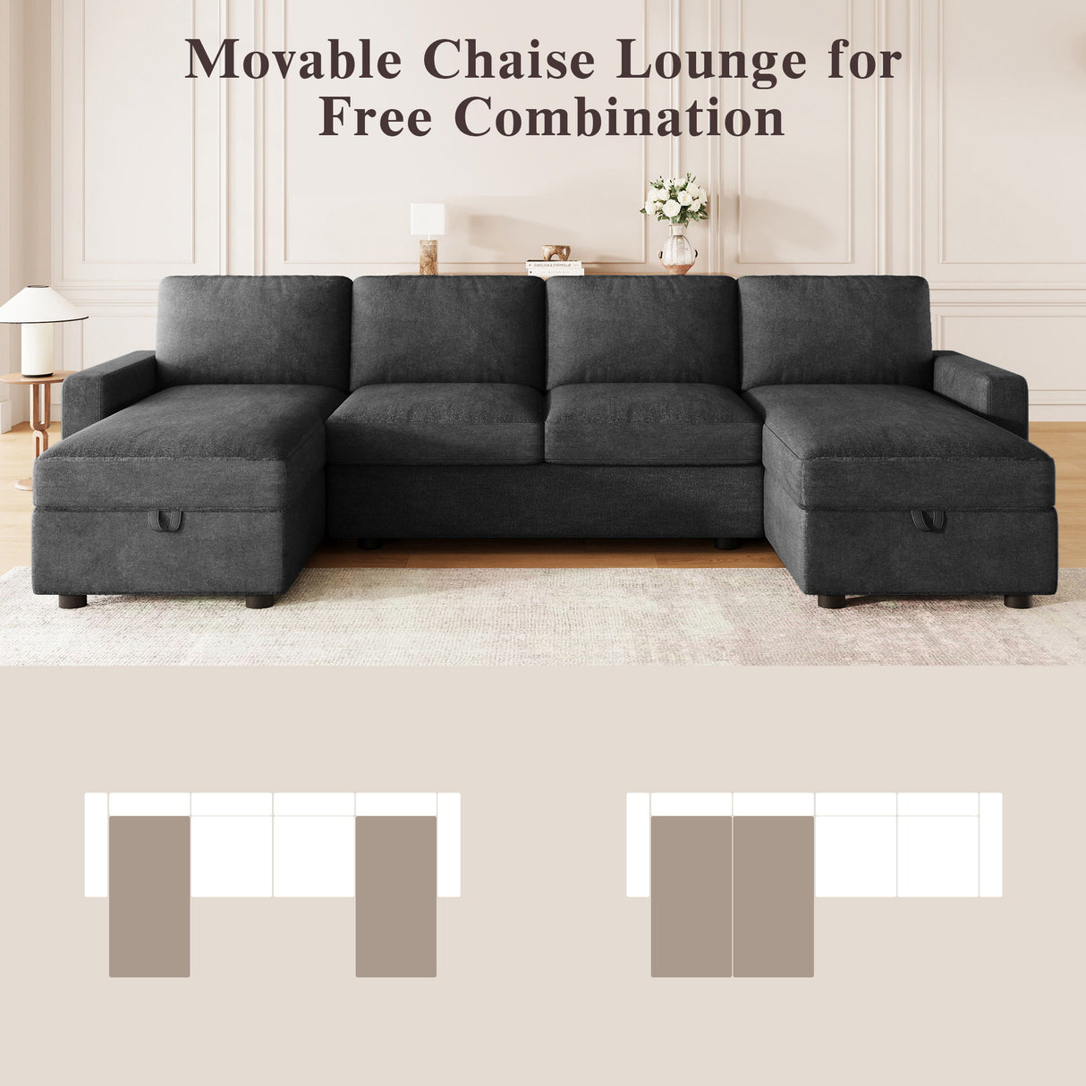 Convertible Sectional Sofa With Storage Chaise Lounges And USB Ports