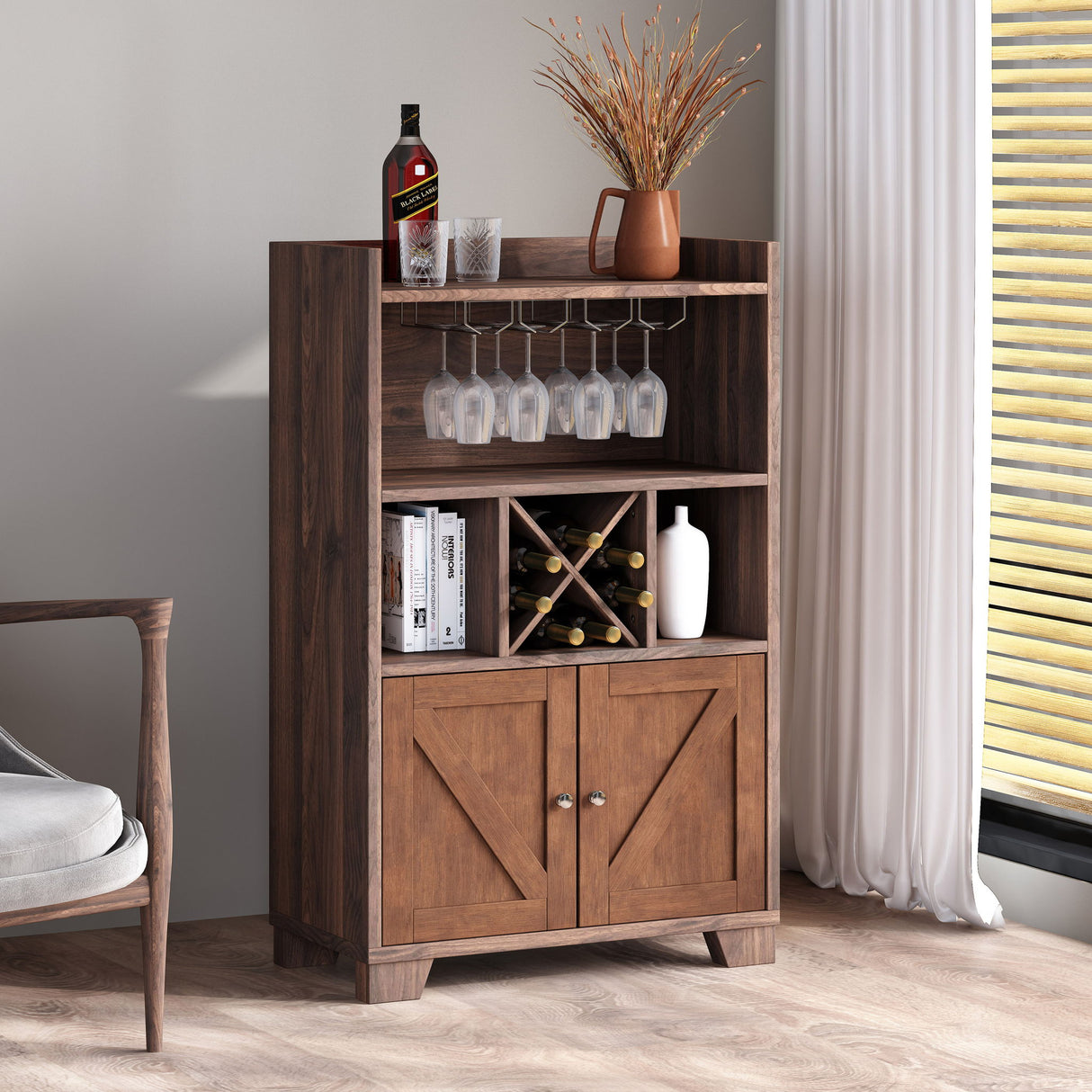Farmhouse Style Monita Wine Cabinet With Storage Space - Walnut