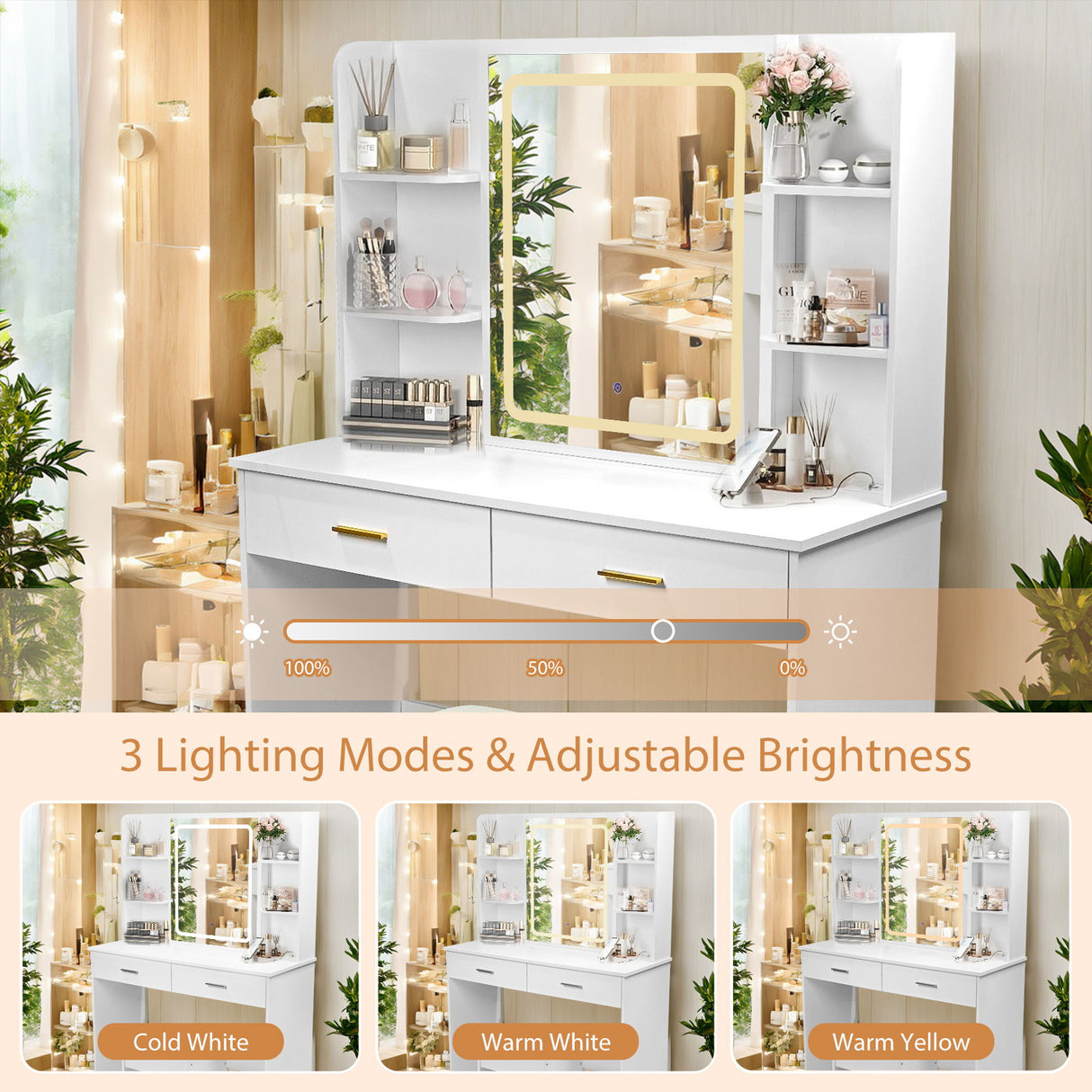 Vanity Desk With Mirror And LED Lights 3 Lighting Modes And Power Outlet 2 Spacious Drawers And Stool - White