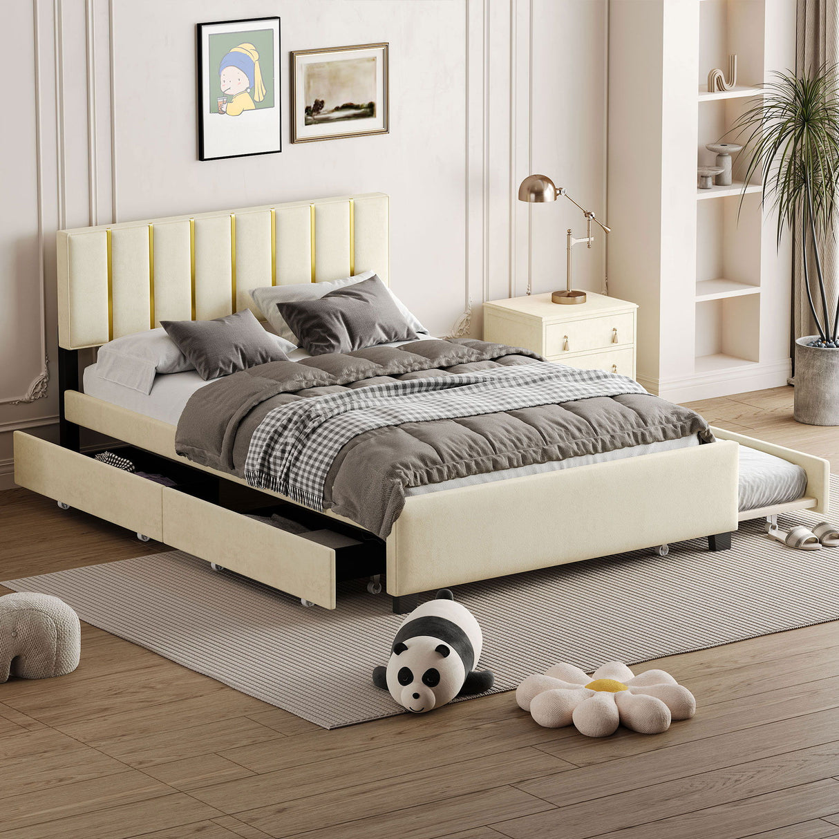 Upholstered Platform Bed With 2 Drawers And 1 Trundle, Classic Strip Headboard Design