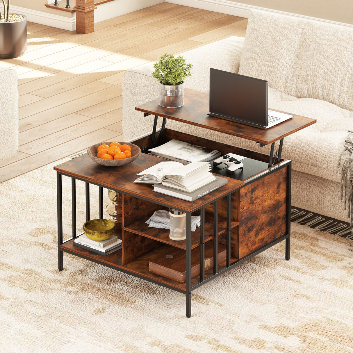 Lift Top Coffee Table With Storage, Adjustable Height Living Room - Black / Brown