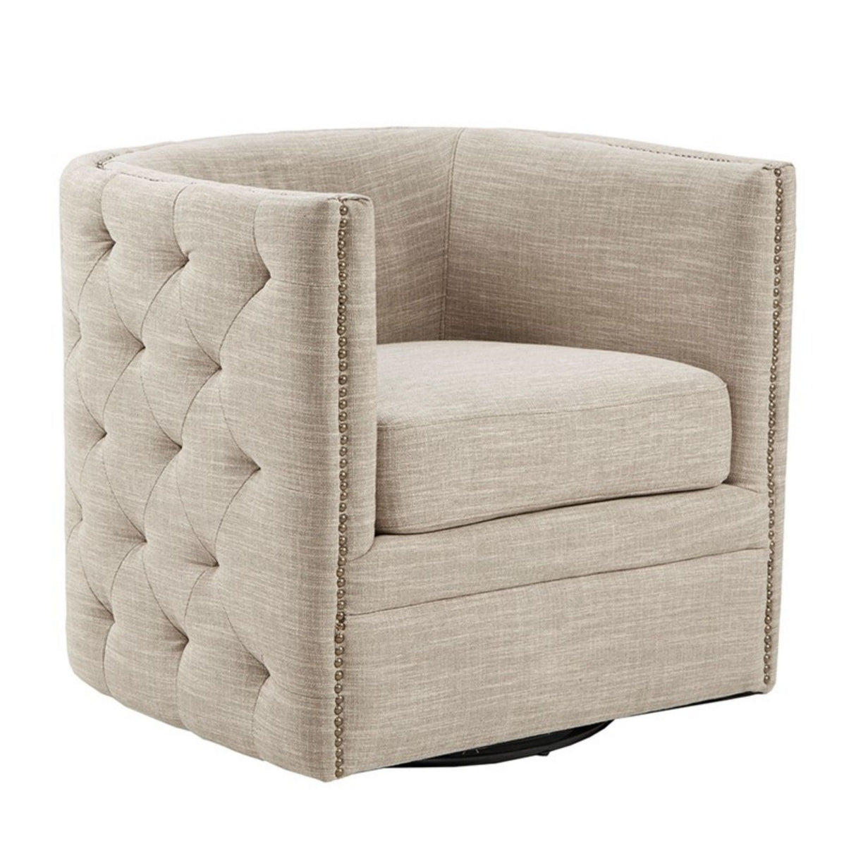 Swivel Chair With Tufted Barrel Design And Nailhead Accents