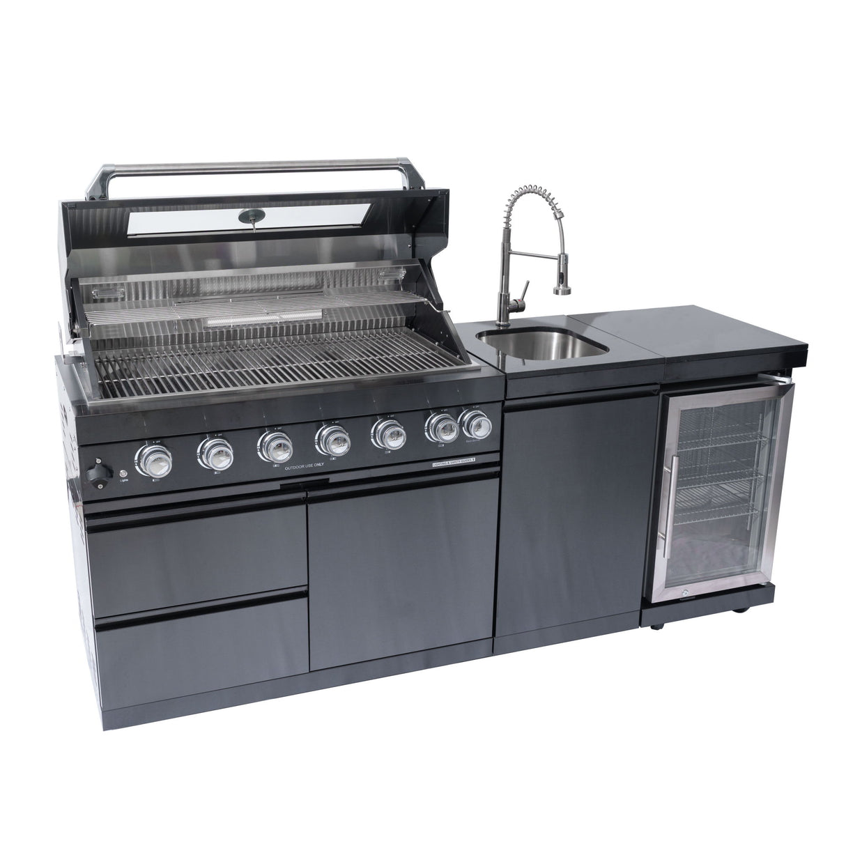 6 Burner 85, 000 Btu Outdoor Kitchen Island Grill With Wine Cooler Refrigerator, Rotisserie Kit, Granite Countertops & Sink - Black