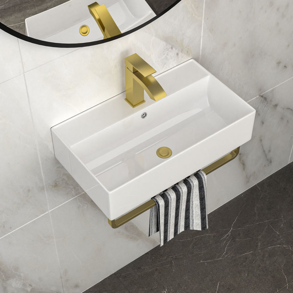 Wall Mounted Rectangular Bathroom Sink With Towel Bar