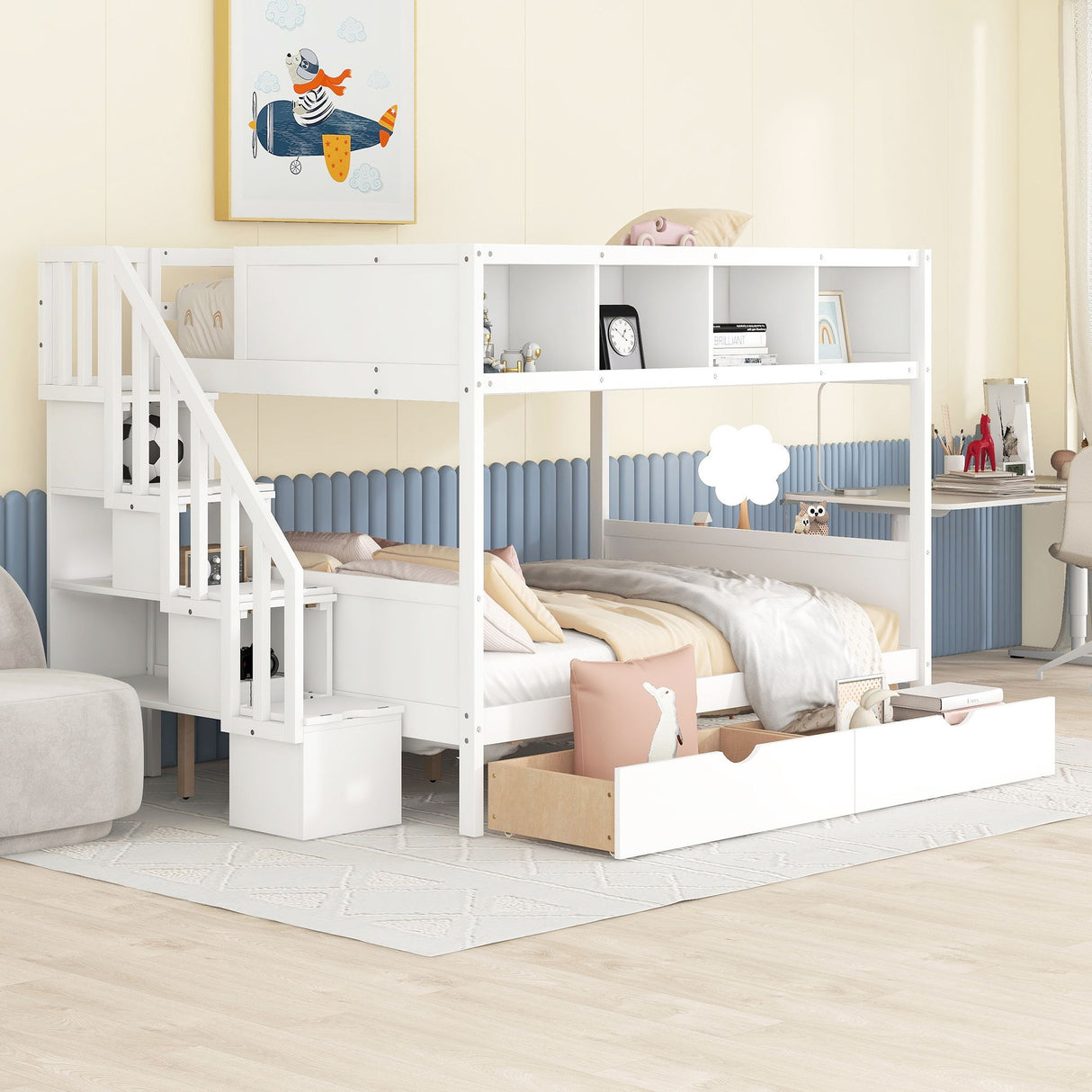 Bunk Bed With Shelfs, Storage Staircase And 2 Drawers