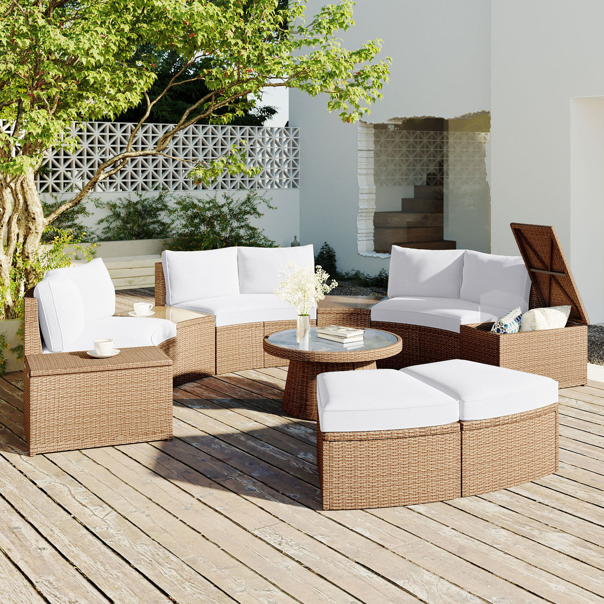 10 Piece Outdoor Sectional Half Round Patio Rattan Sofa Set