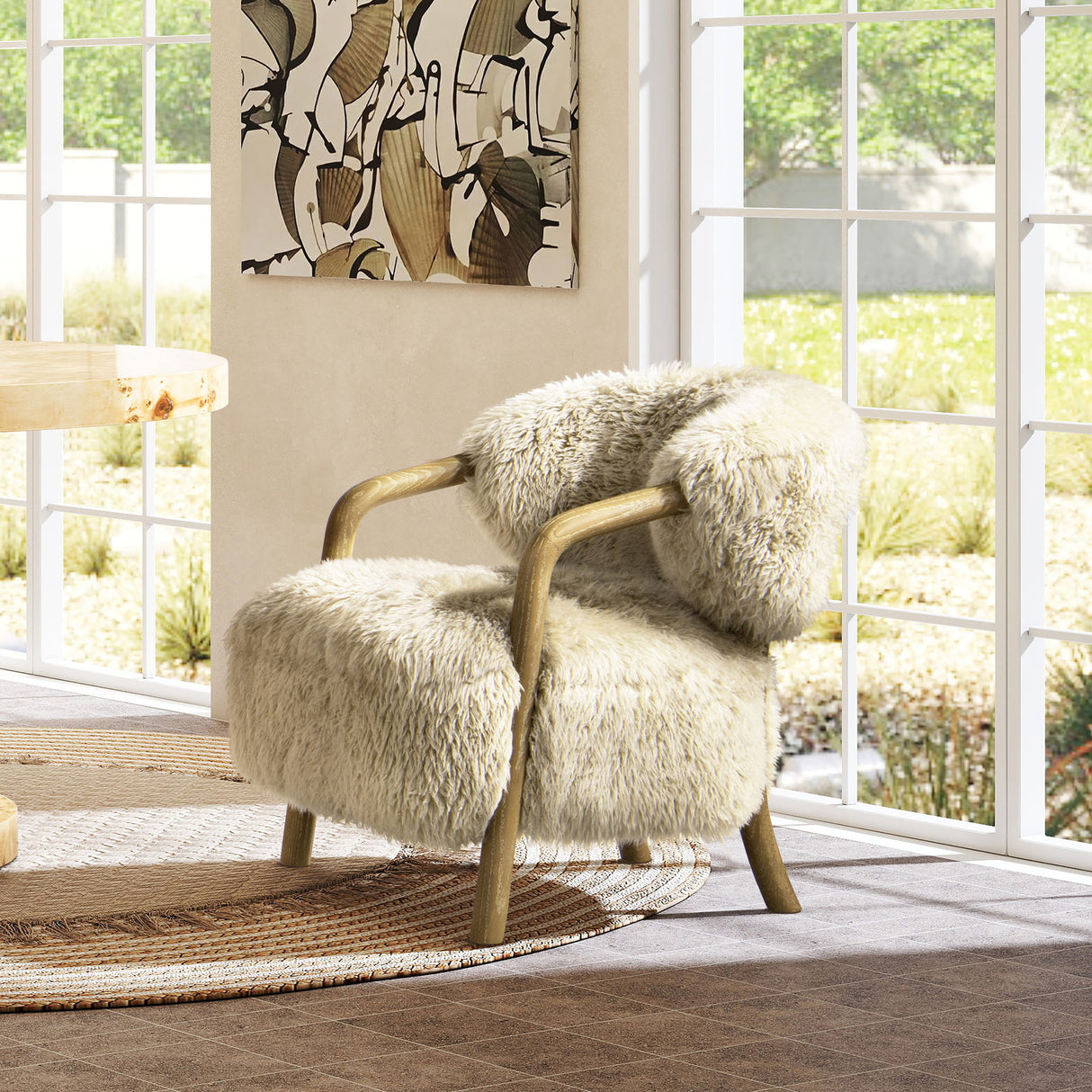 Becker - Rustic Oak Sheepskin Upholstered Accent Arm Chair - Taupe Beige