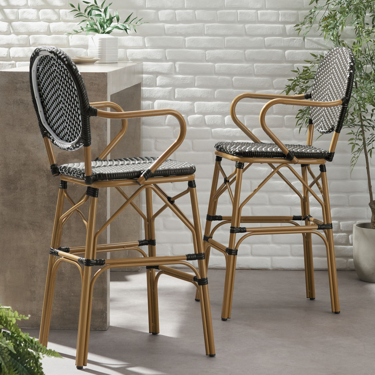 Outdoor Wicker And Aluminum French Barstools (Set of 2)