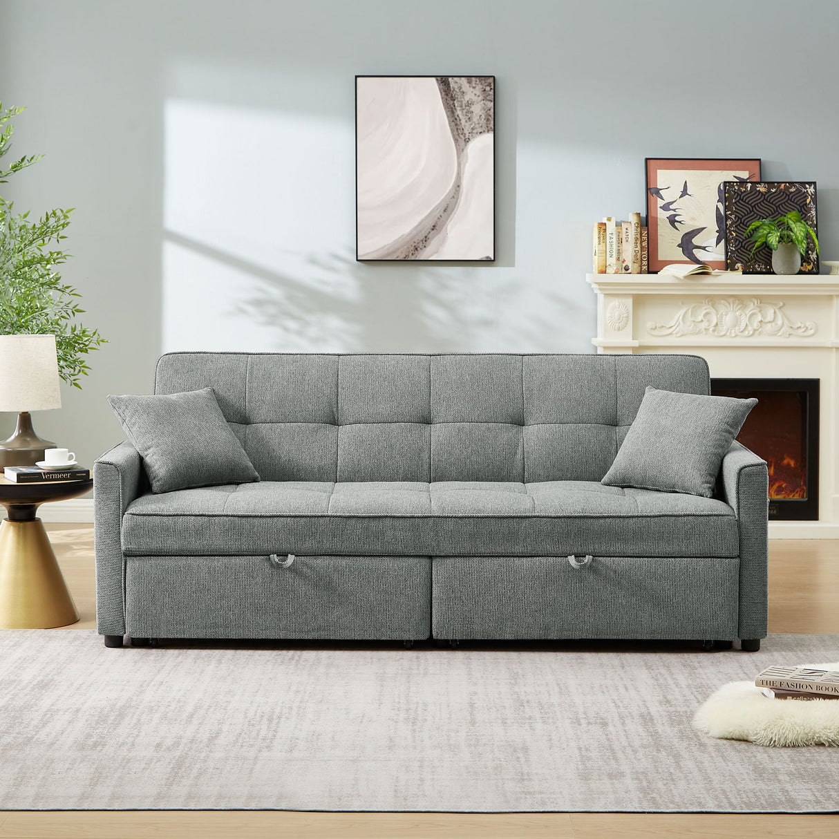 3 In 1 Convertible Sleeper Sofa Bed, Reclining Backrest, Pillows, Pockets