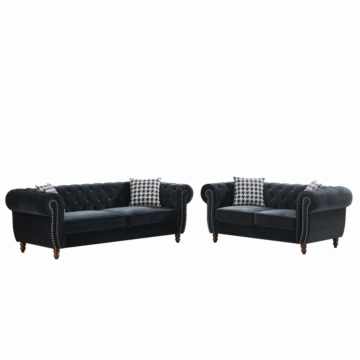 Chesterfield 3 And 2 Seater Velvet Upholstery Sofa With Roll Armrest & Nailhead Fabric Couch