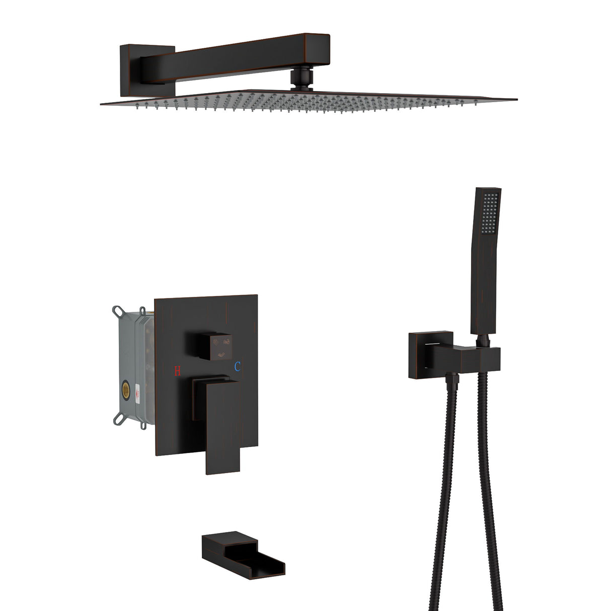 Wall Mounted Square Shower System With Waterfall Tub Spout And 12" Shower Head - Oil-Rubbed Bronze