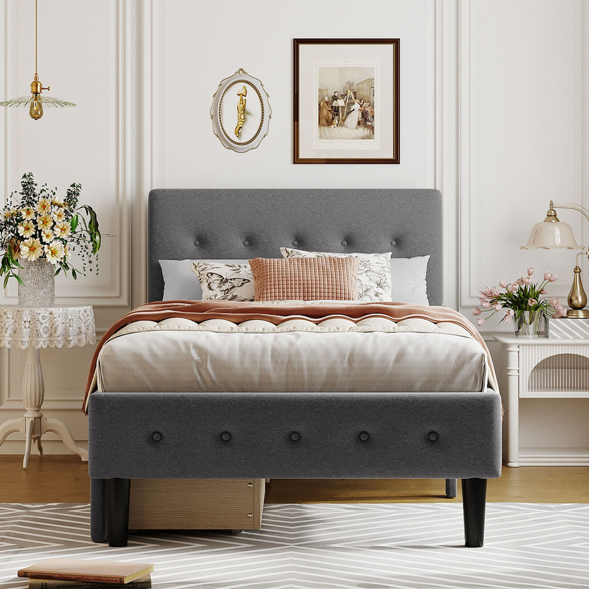 Twin Size Upholstered Platform Bed With 2 Drawers - Gray