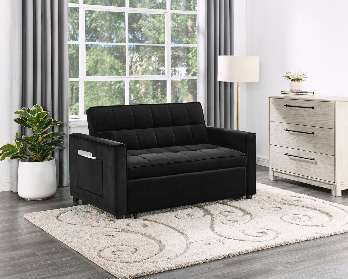 Maeve - Velvet Convertible Sleeper Loveseat With Tufting and Side Pocket - Black