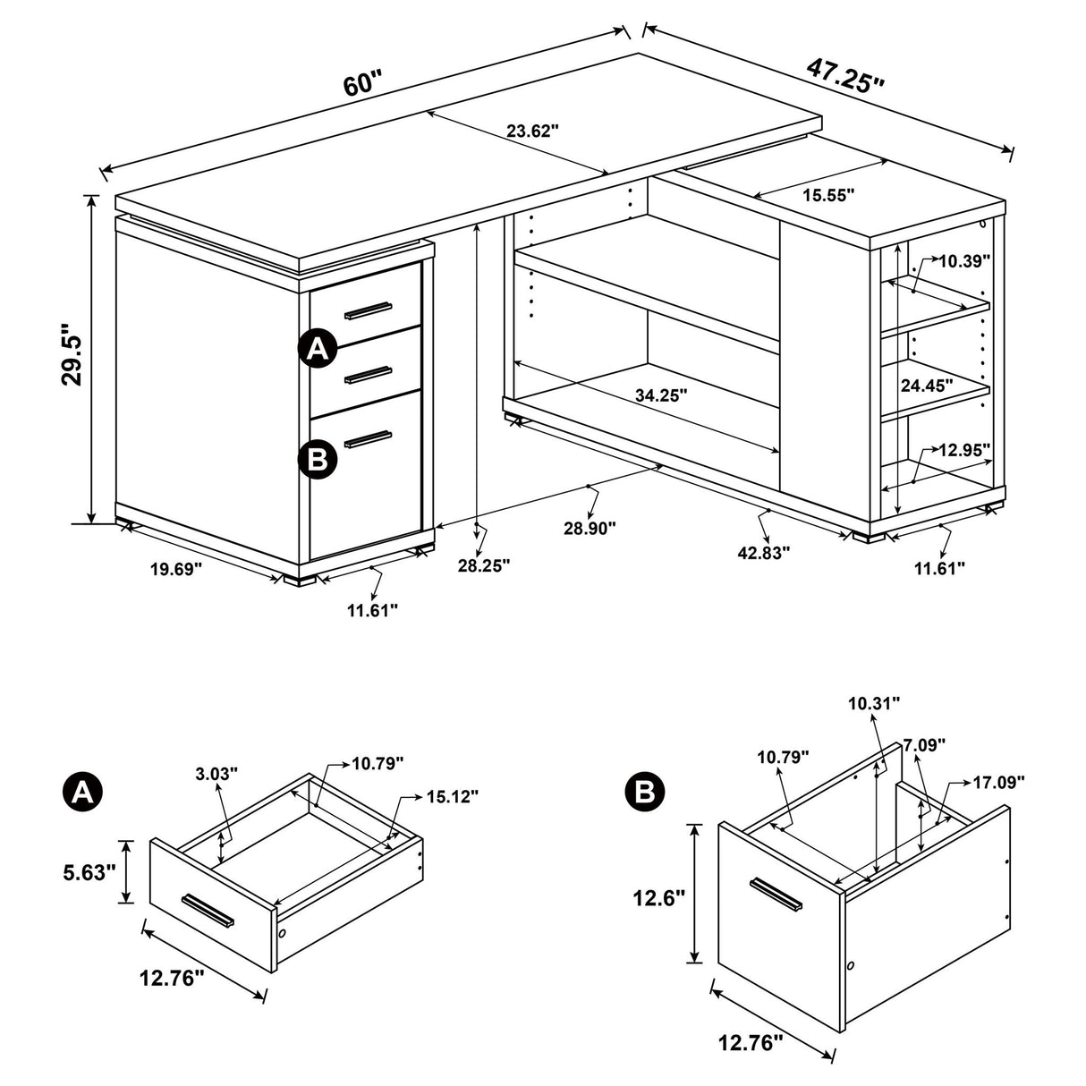 Transitional L Shape Computer Desk With Multiple Storage And Built In File Cabinet