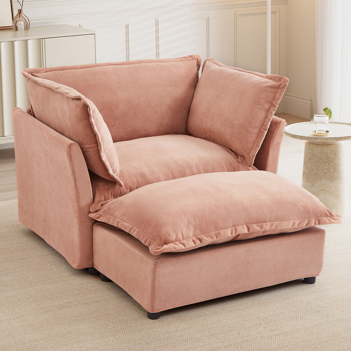 Modern Cozy Upholstered Armchair Sofa With Movable Ottoman