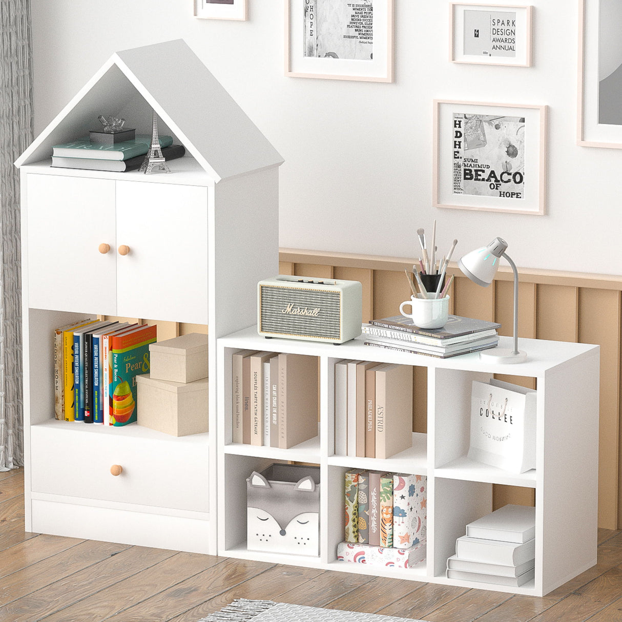 Versatile Children's Bookshelf With House Shaped Design, Multi Functional Storage