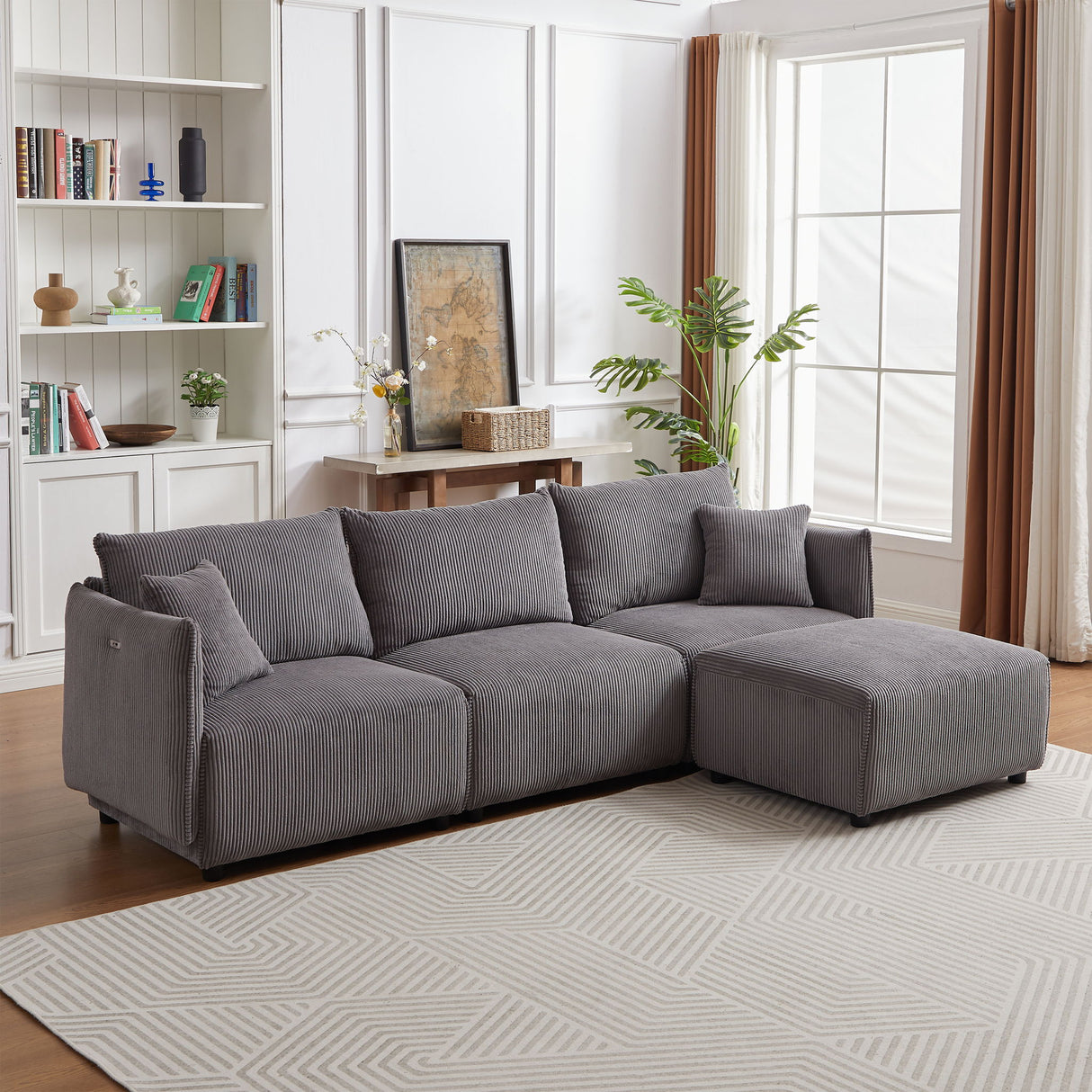 Modern Minimalist Corduroy Combination Sofa With 2 Comfort Cushions With USB & C Charging Ports