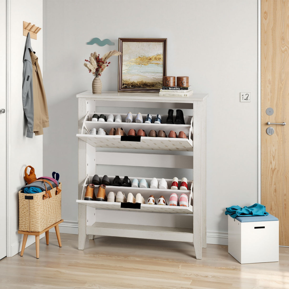 Retro Shoe Storage Cabinet, Mid Century Vintage Freestanding With 2 Flip Drawers, Suitable For Entryway - Retro White / White / Vintage