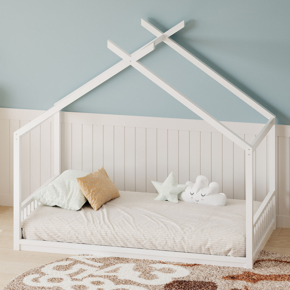 Montessori Style House Bed For Kids, Floor Bed Frame With Headboard And Footboard