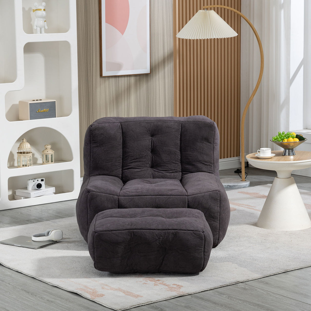 Modern Indoor Fluffy Bean Bag Chair With Memory Foam And Ottoman, Super Soft