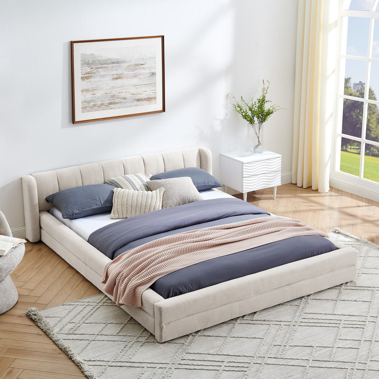 Modern Upholstered Bed Frame With Thick Chenille Fabric And Headboard