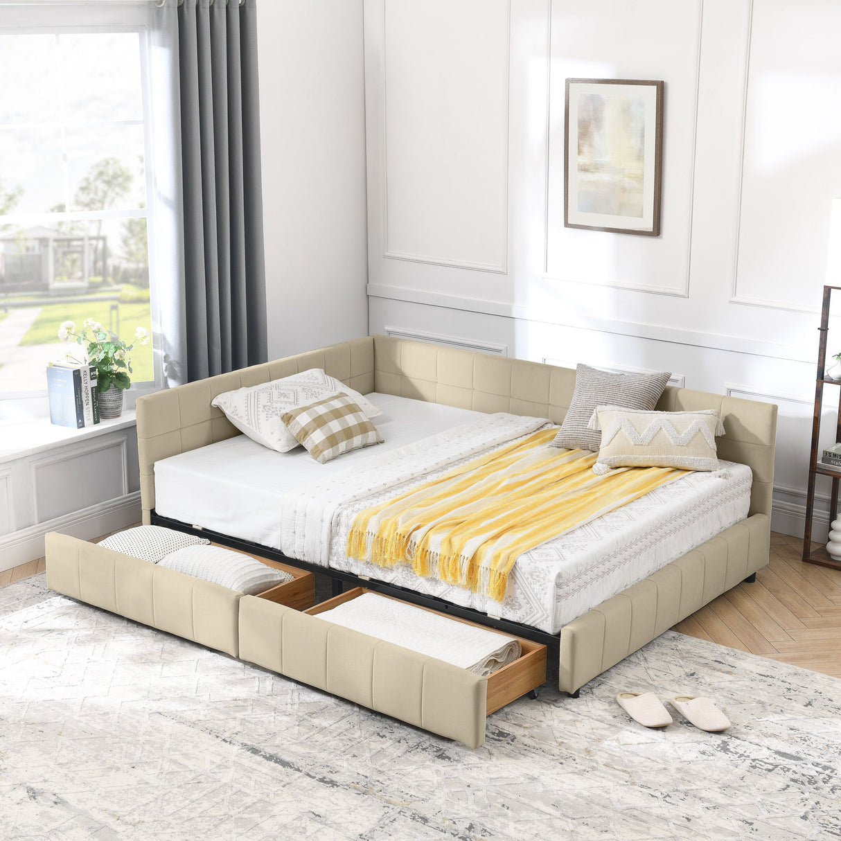 Mid-Century Storage Upholstered Tufted Bed Frame With Backrest And Armrests