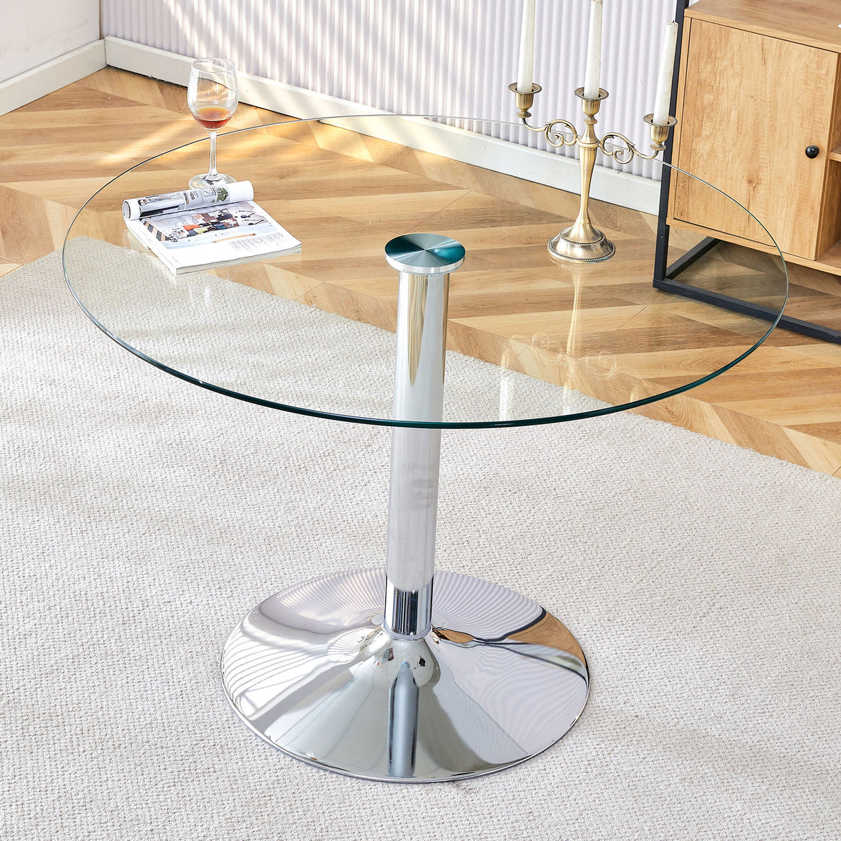 Modern Minimalist Circular Dining Table With Glass Top And Electroplated Metal Legs For Restaurants And Living Rooms - Silver / Transparent