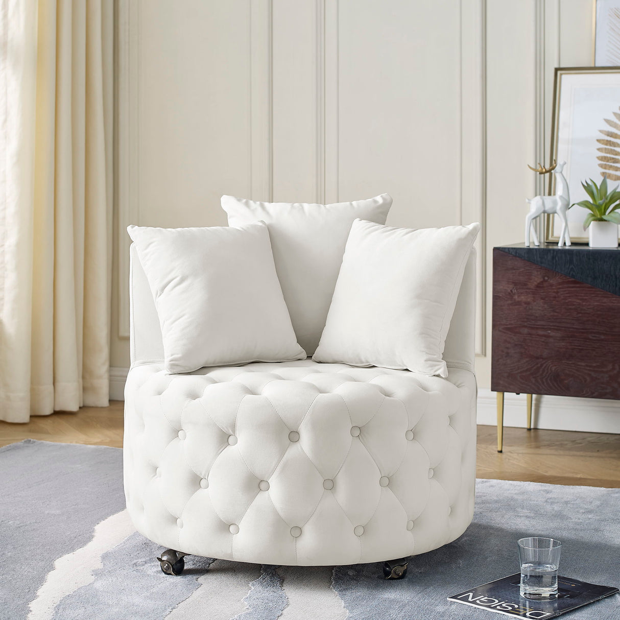 Modern Upholstered Swivel Chair With Button Tufted Design And Movable Wheels