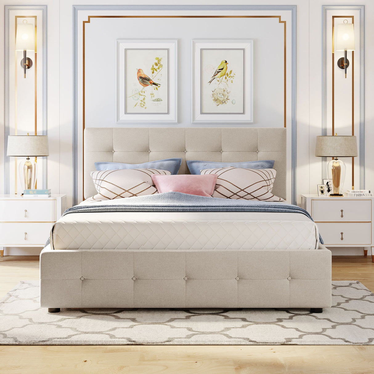 Upholstered Platform Bed With Classic Headboard And Drawers, No Box Spring Needed