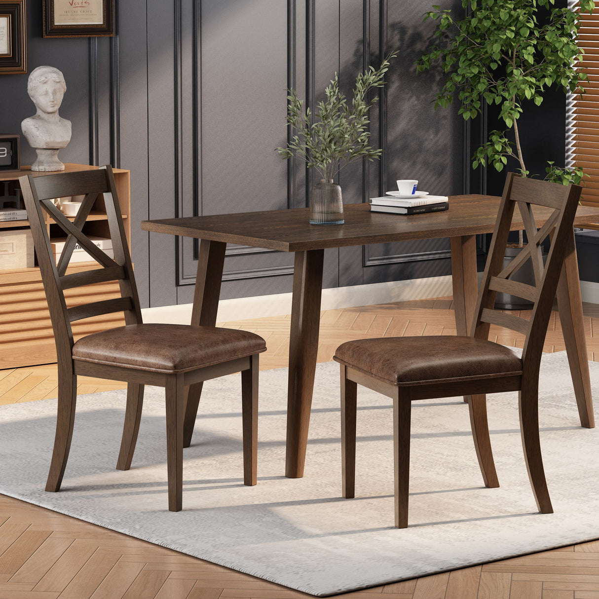 Country Style Dining Chairs (Set of 2) With Cross Back Design - Brown