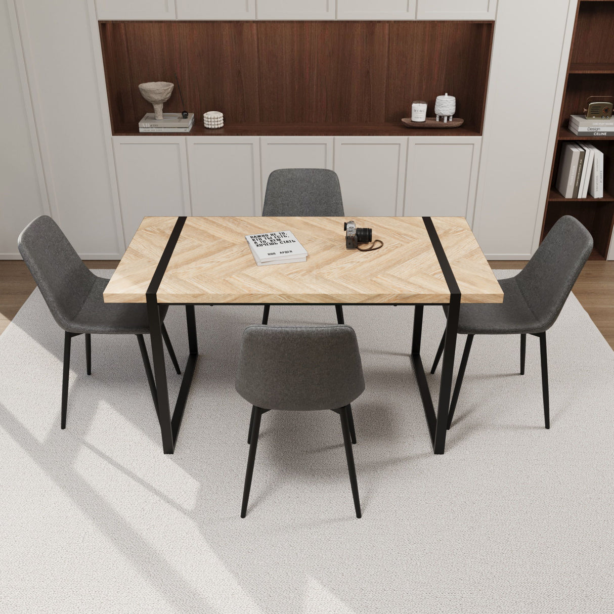 Modern Dining Table & Suede Chair Set WIth Rectangular Metal Base