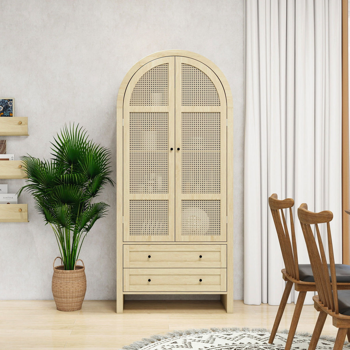 Tall Arched Kitchen Pantry, Arched Storage Display Cabinet With 2 Drawers & Adjustable Shelves, Rattan Door Versatile Storage Cabinet For Kitchen, Dining Room, Living Room - Natural