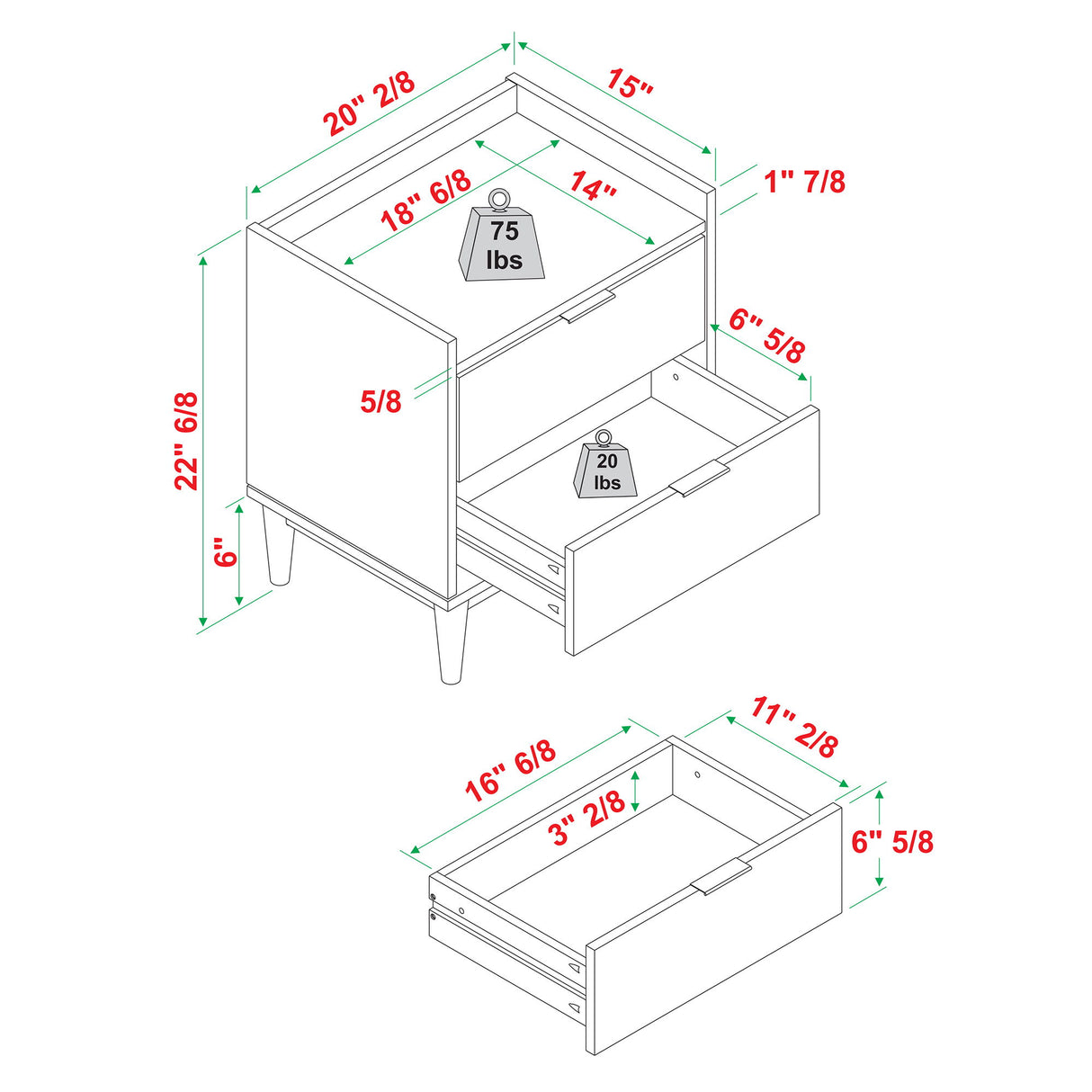 Mid Century Modern 2 Drawer Nightstand - Natural Pine