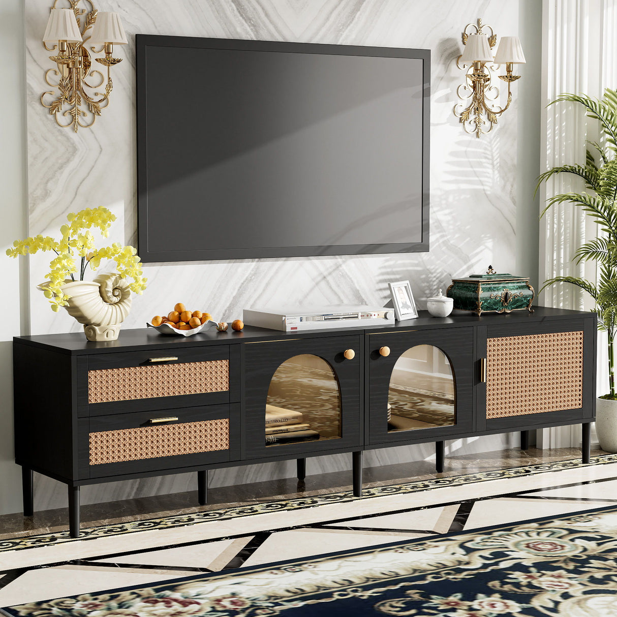 Rattan TV Stand With 3 Cabinets & 2 Drawers, Rattan-Inspired Media Console Table For Tvs Up To 80'', LED Light Entertainment Center, TV Cabinet For Living Room - Black