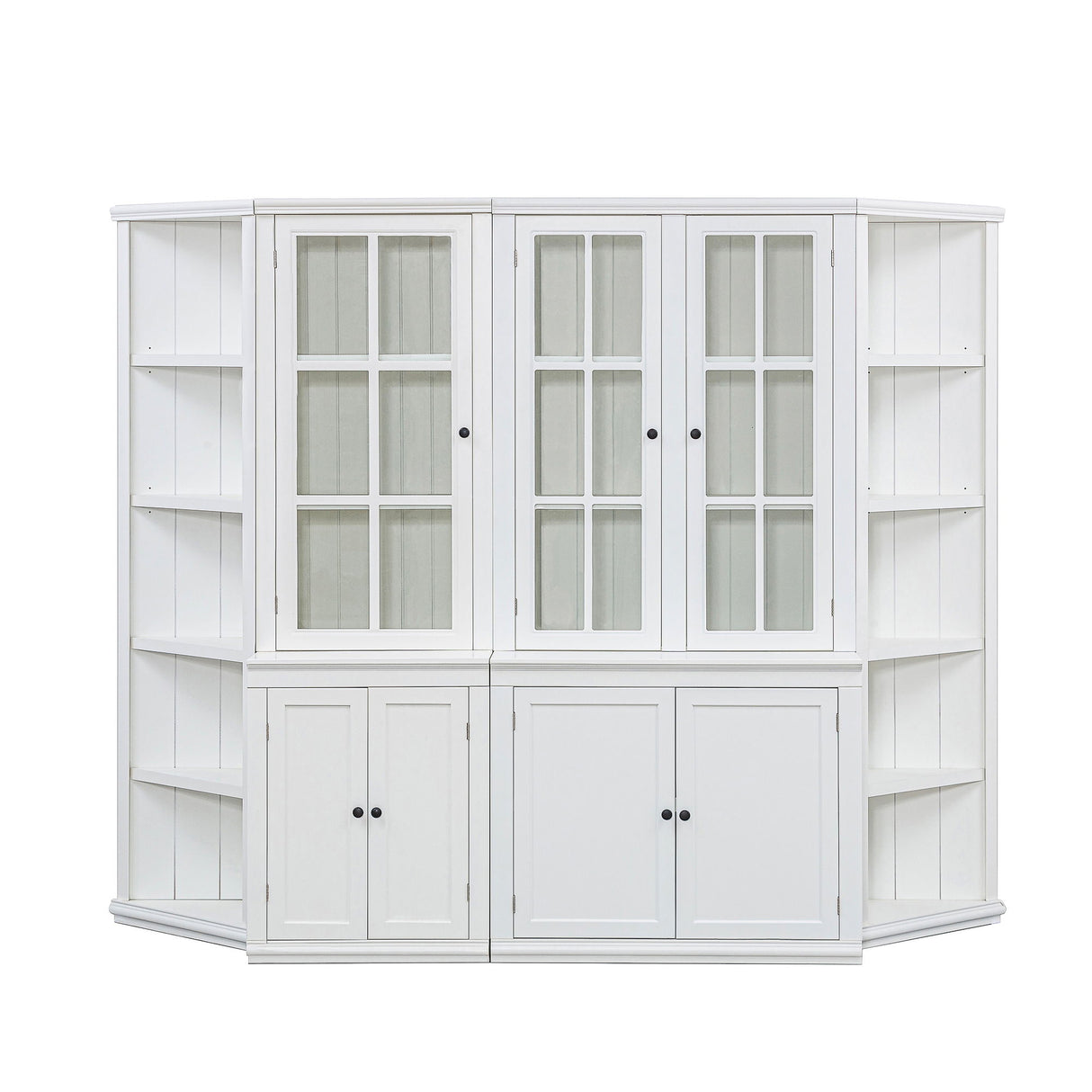 Retro Style Wall Suit With Glass Doors, 75.25" Tall Display Cabinets & Triangle Sided Bookshelves - White