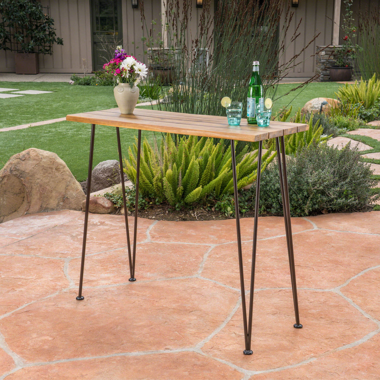 Outdoor Bar Table With Wood Tabletop And Iron Hairpin Legs - Black / Teak