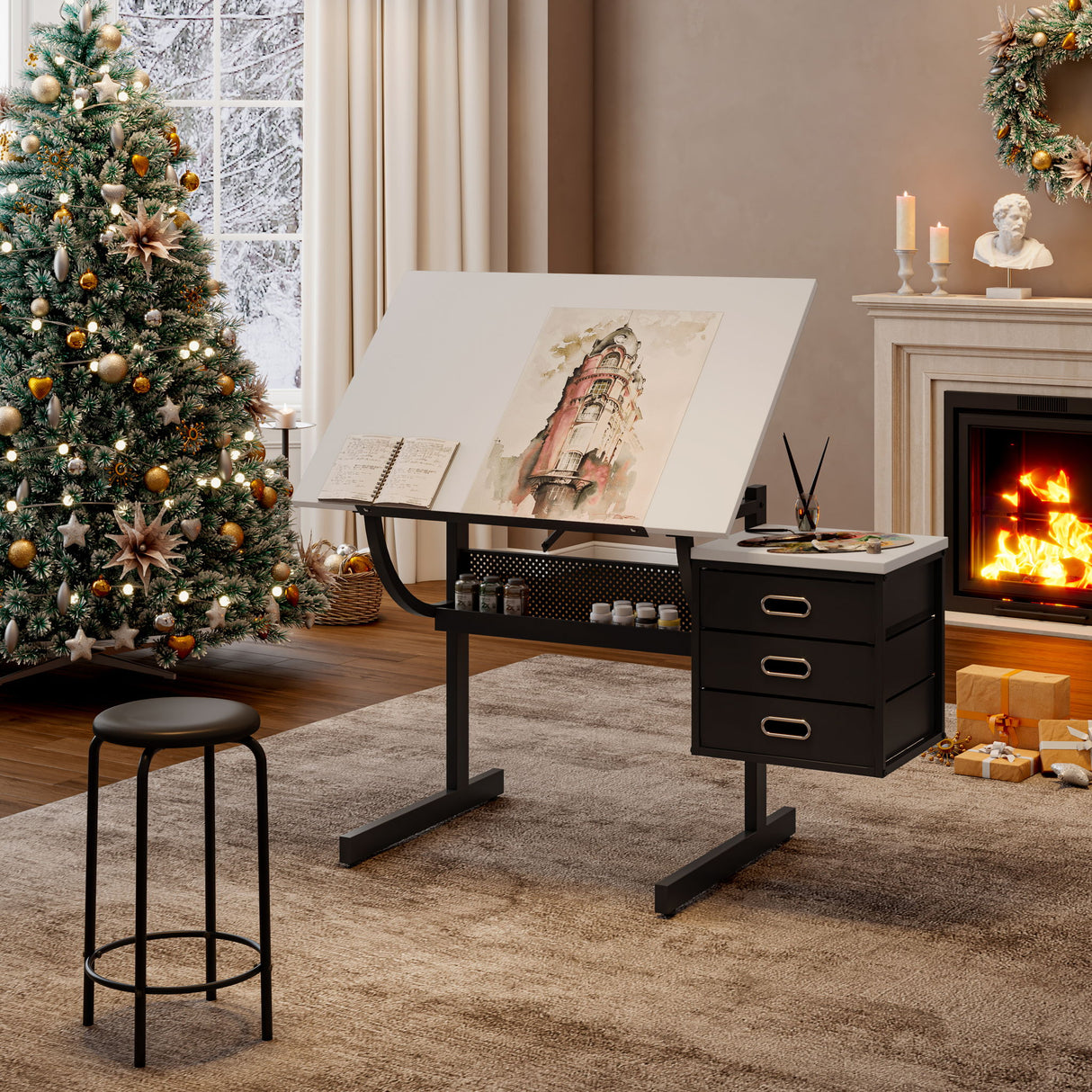 Adjustable Drafting Drawing Table With Stool And 3 Drawers - White / Black