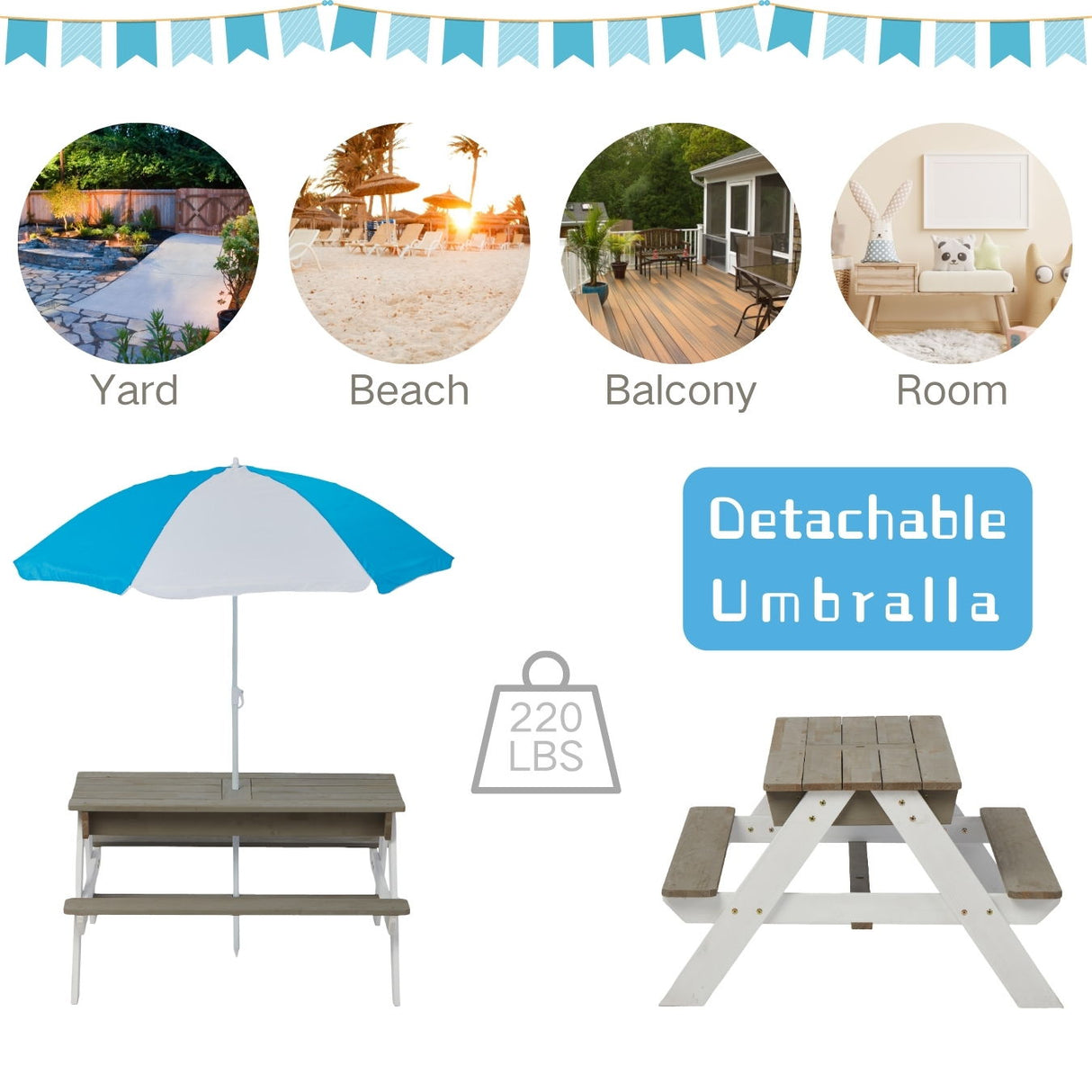 Wooden Kids Picnic Table, Sand And Water Table With Umbrella, Activity Table For Outdoor Backyard Patio Play - White / Gray