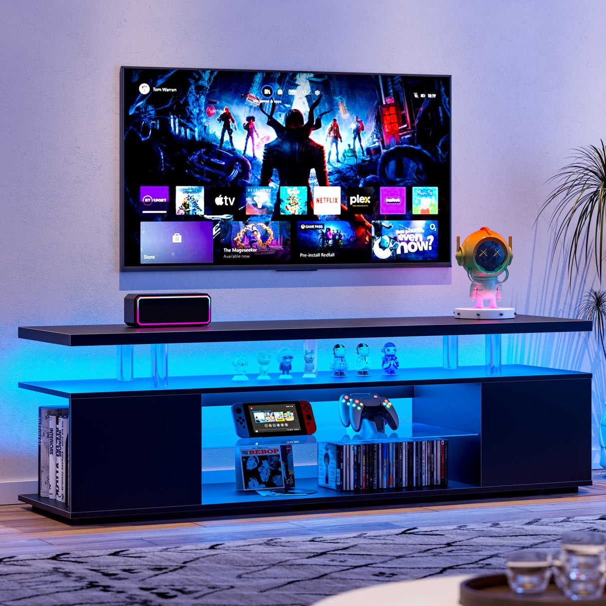 TV Stand LED Gaming Entertainment Center, Media Storage Console Table With Large Side Cabinet