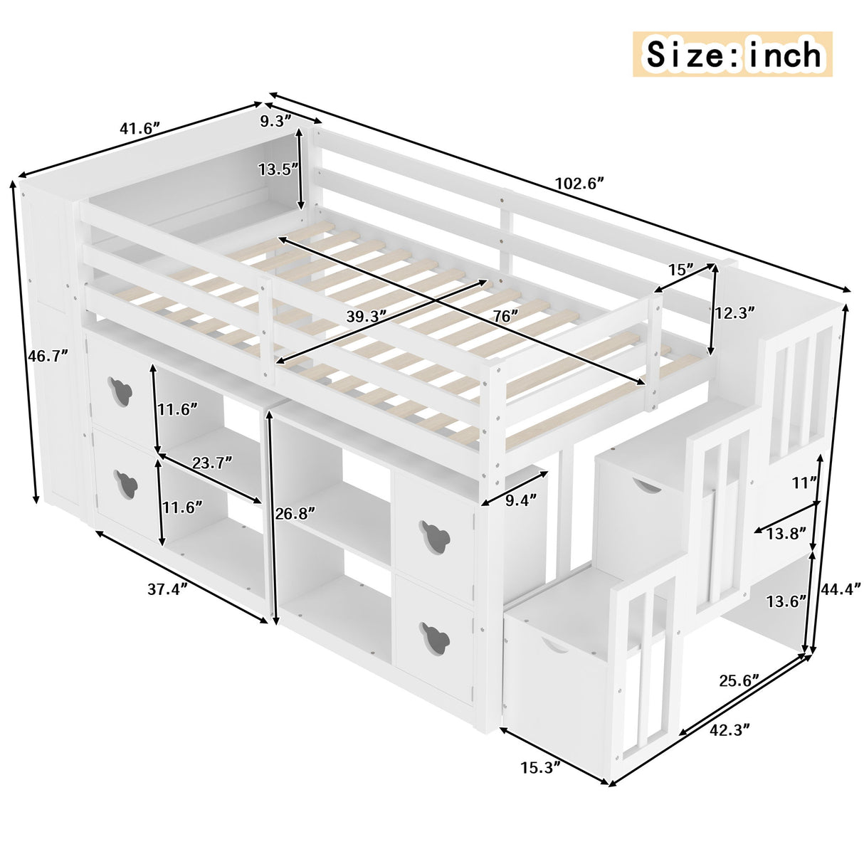 Loft Bed With Storage Cabinets, Staircase Drawers & LED Lights