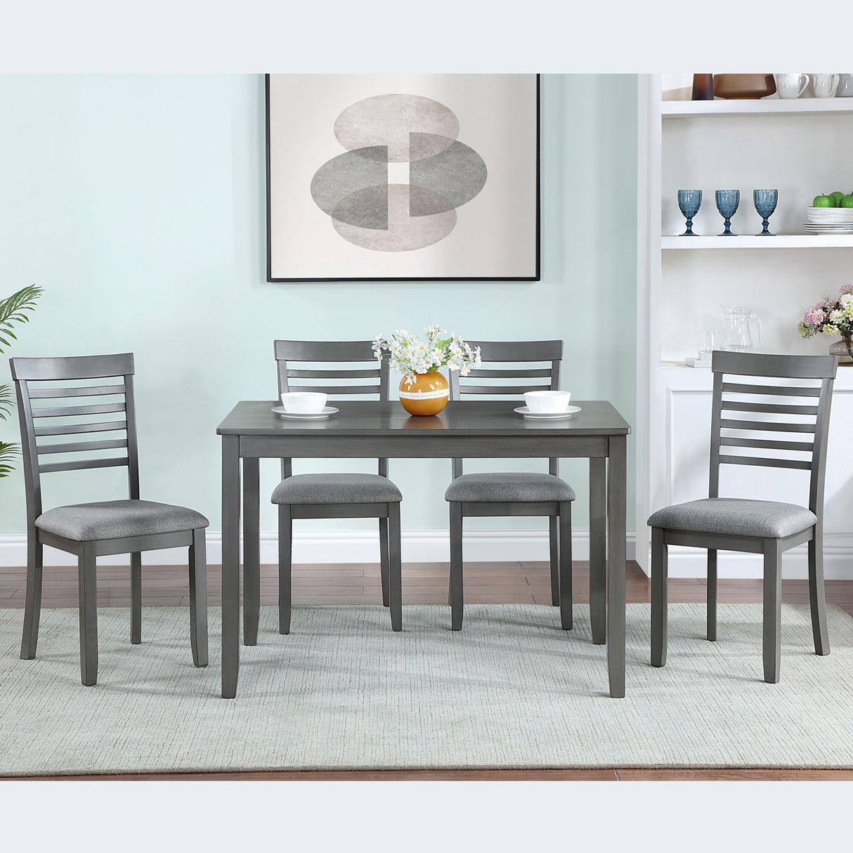 5 Pieces Modern Dining Set, Rectangular Wooden Dining Table With 4 Upholstered Chairs