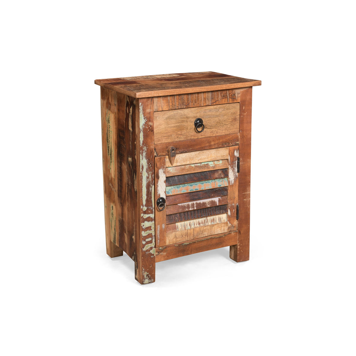 Recycled Wood Side Table With Drawer And Door - Natural