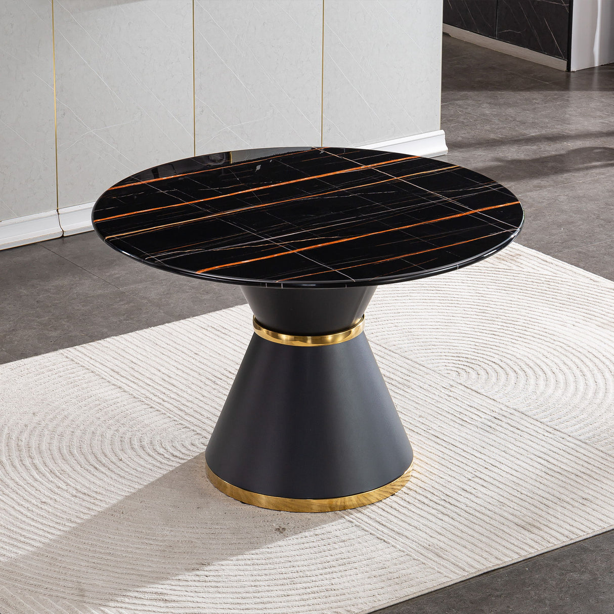 Marble Printed Round Dining Table - Black Columnar Base With Gold Annulus Not Including Chairs - Black