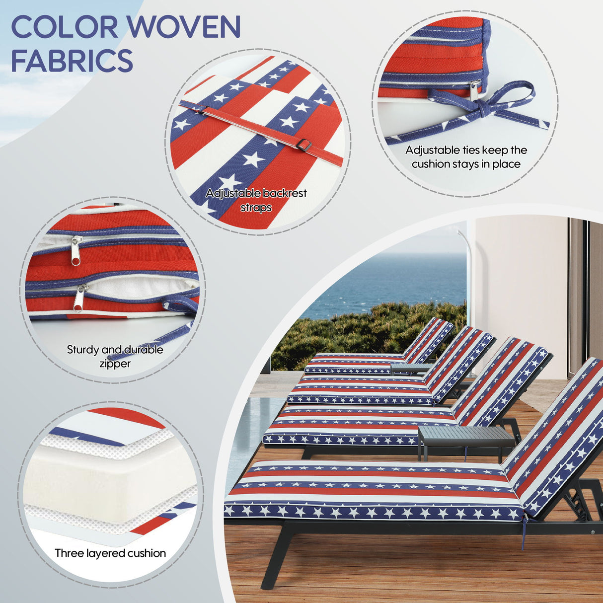 2 Piece Outdoor Chaise Lounge Cushion Set, Replacement Cushions For Patio Furniture, Flag - Red Striped