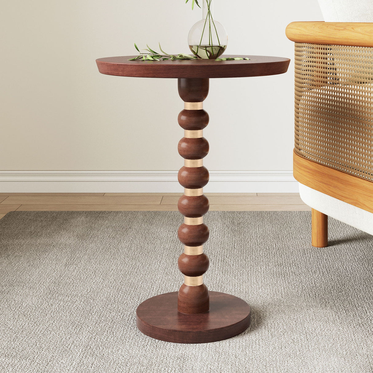 Modern Mango Wood Round End Table With Gold Accents, Solid Wood - Honey