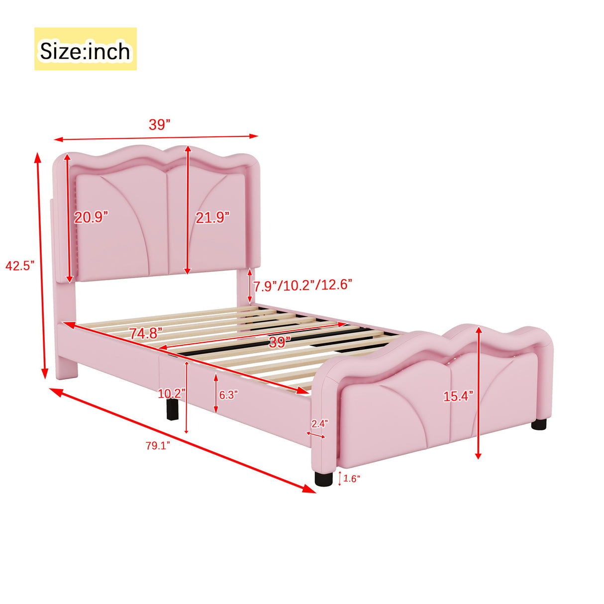 Upholstered Platform Bed & Curve Shaped And Height Adjustable Headboard, LED Light Strips