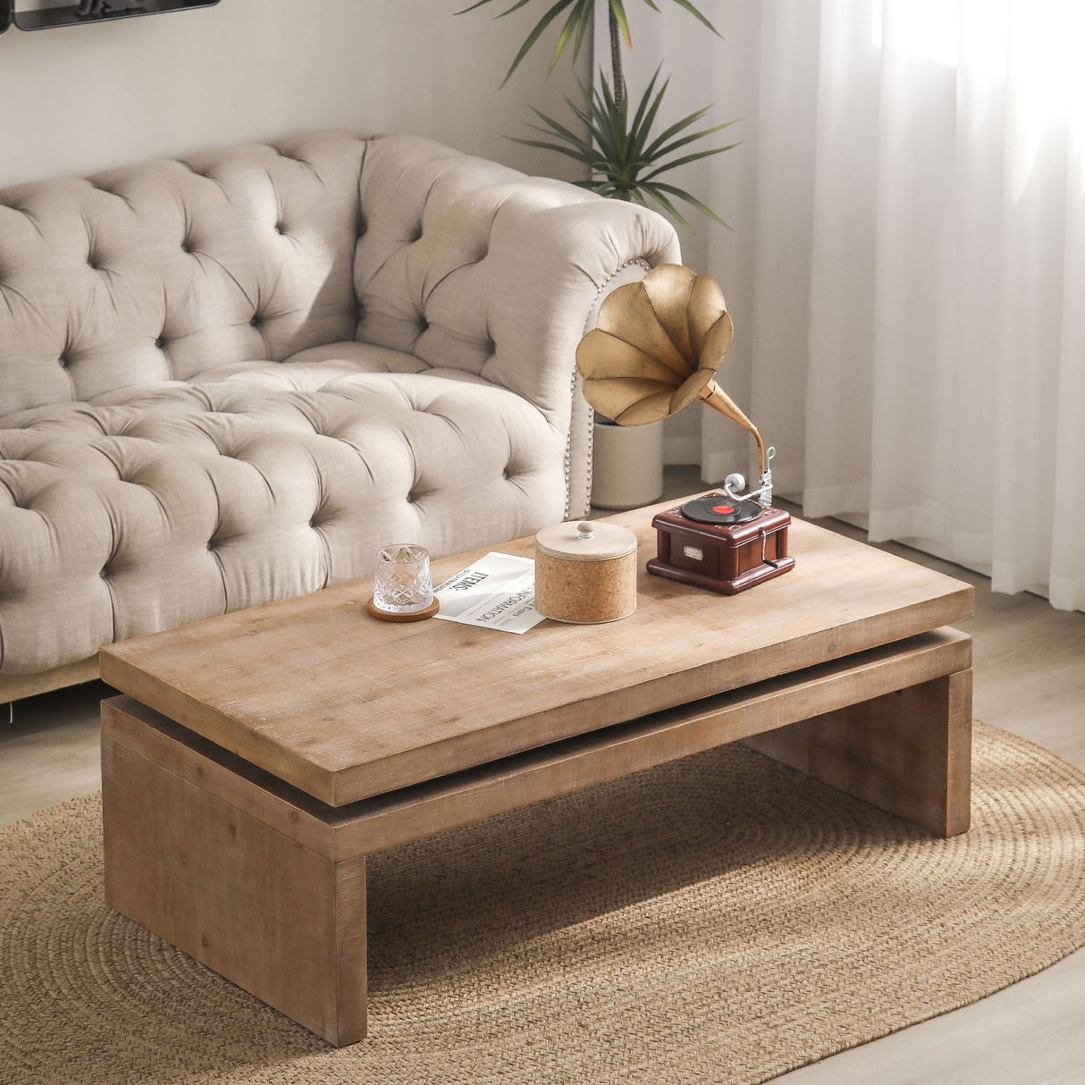 Modern Rustic Wood Table, Rectangular Living Room Center Table With Floating Top Design