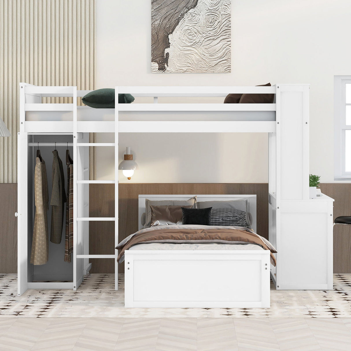 Loft Bed With A Stand Alone Bed, Shelves, Desk, And Wardrobe