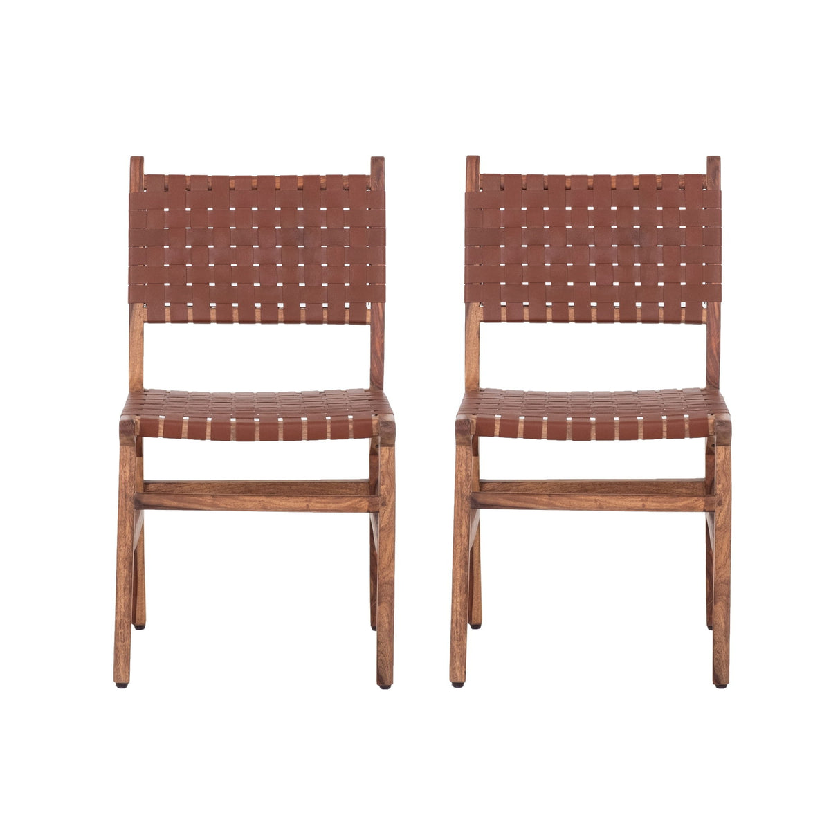 Rustic Wooden Dining Chair (Set of 2) With Genuine Leather Woven Upholstery - Brown